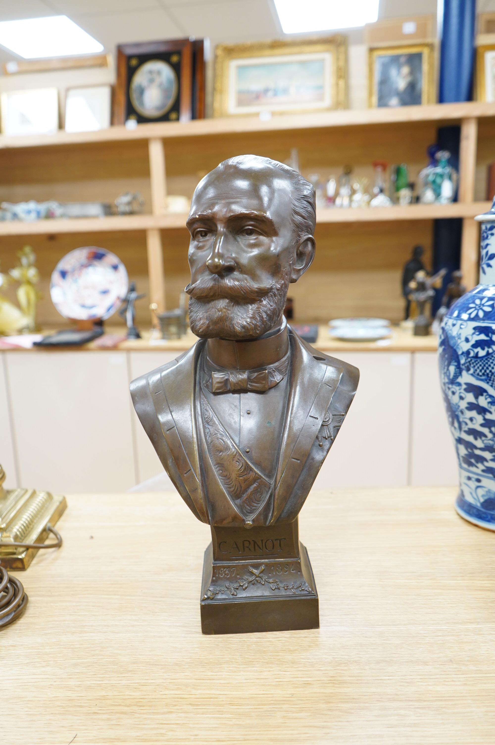 A French bronze bust of Carnot, signed Lavergne and dated 1894, 44cm high. Condition - fair to good